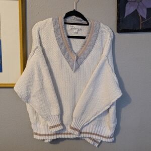 Cozy White and Gray V-Neck Sweater